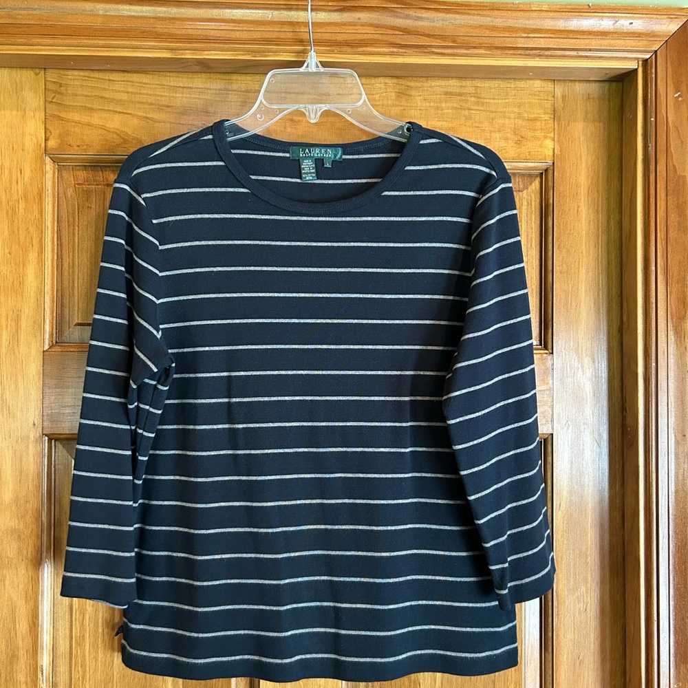 Lauren Ralph Lauren Navy and Grey Striped 3/4 sleeve tee